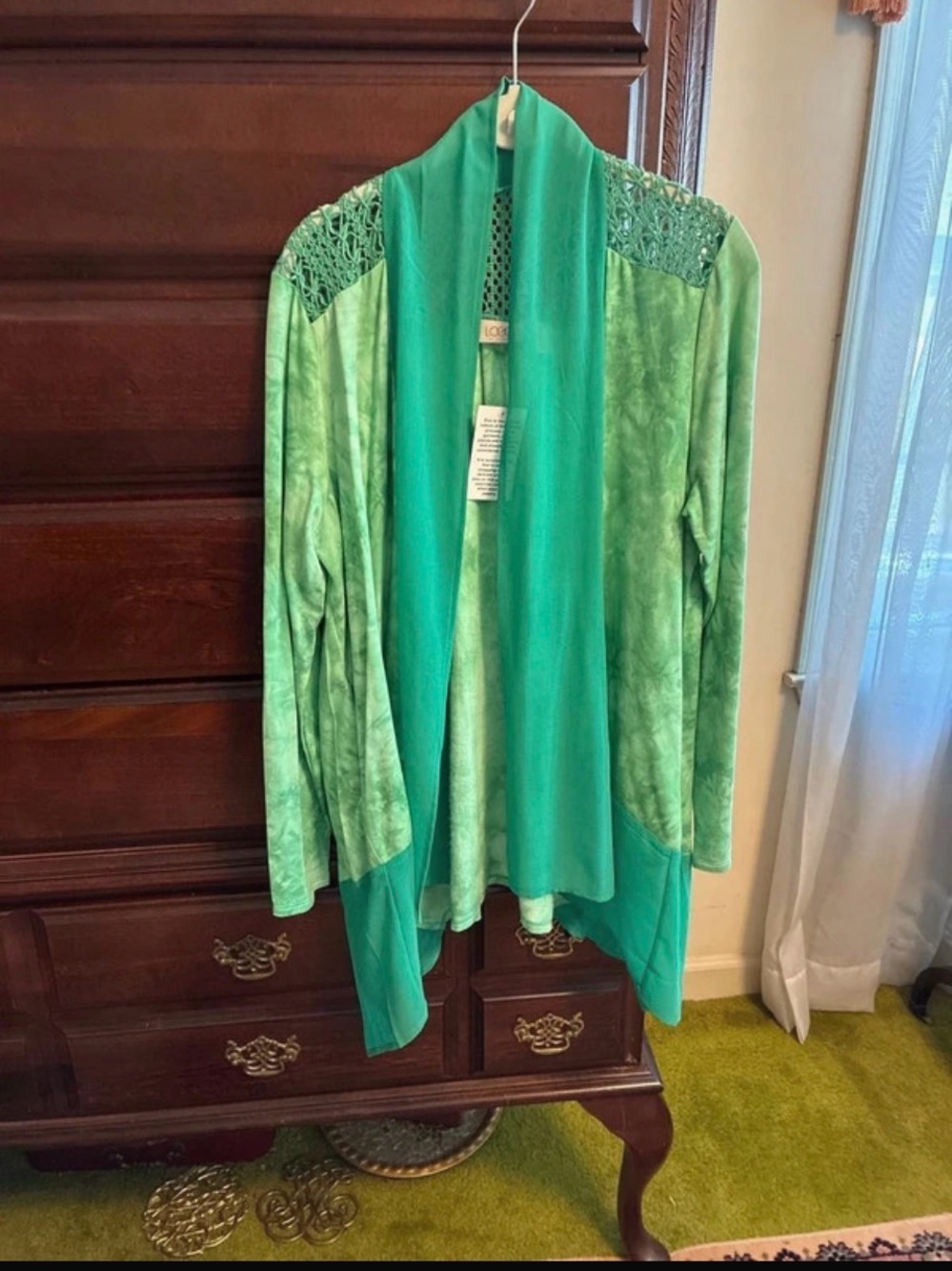 LOGO Lori Goldstein Tie-Dye Open Front Cardigan Crochet Lace Green Size M